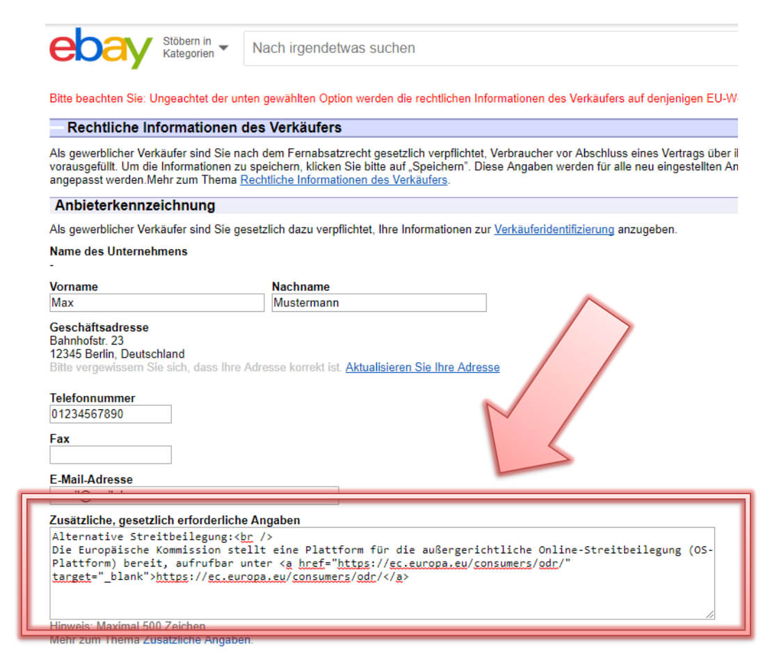 Ebay backend Einstellungen, Screenshot