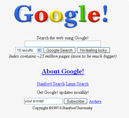 Das frühe Google-Logo und die Homepage | Bild: Google