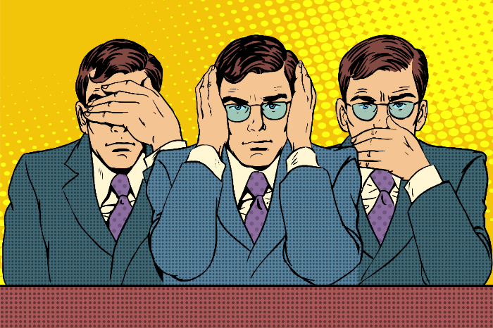 3 Geschäftsmänner in der "Nichts höre, nichts sagen, nicht sehen"-Konstellation 