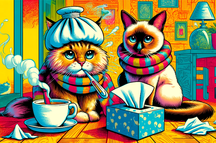 Comic: Zwei kranke Katzen, die Schnupfen haben und mit Taschentüchern und Tee versorgt werden.