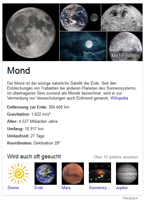 Screenshot: Knowledge Graph bei Google: Stichwort „Mond“
