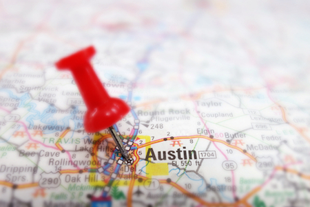 Landkarte mit Pin in Austin, Texas