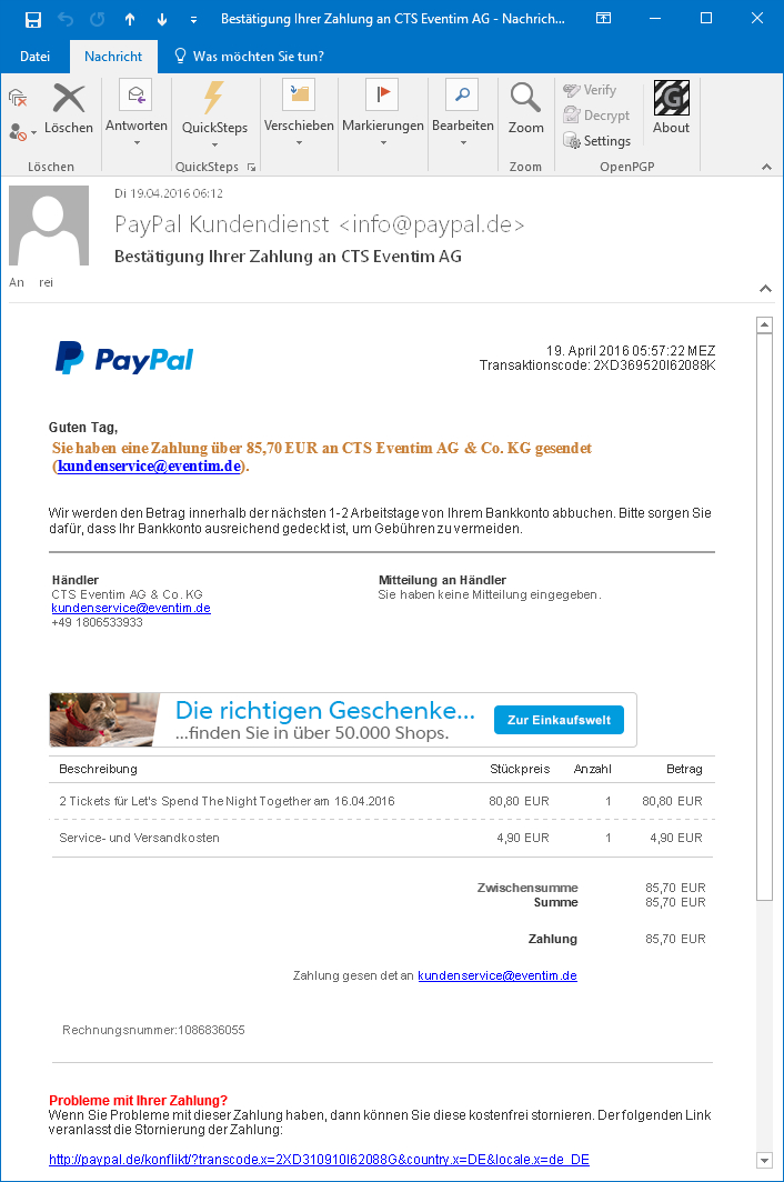 Paypal Phishing-Mail Screenshot von Heise 