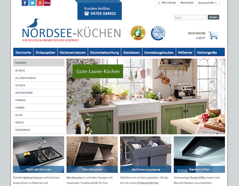Der Online-Shop von Nordsee-Küchen.