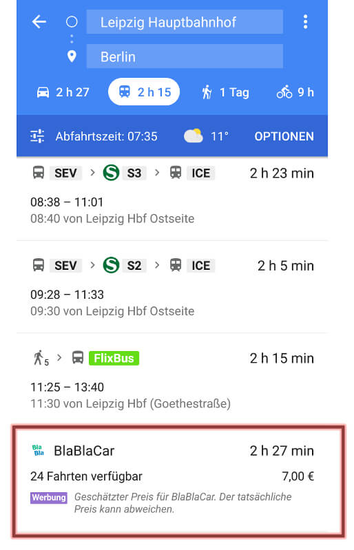 BlaBlaCar-Integration in Google Maps App
