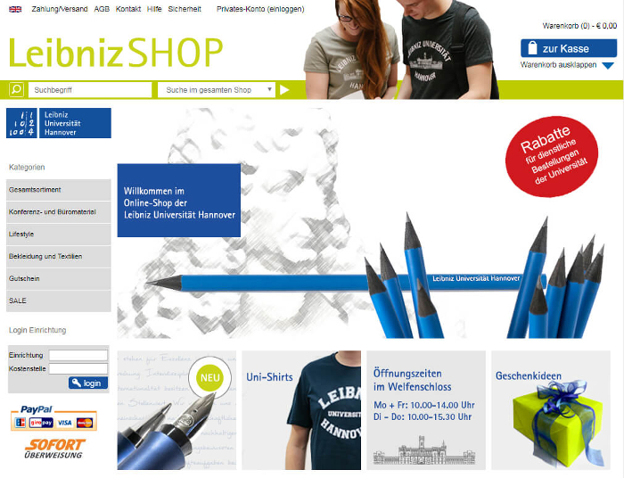 Screenshot des Online-Shops der Leibniz Universität hannover