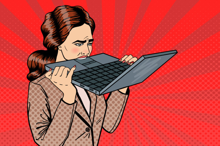 pop Art: Frau, die in einen Laptop beißt