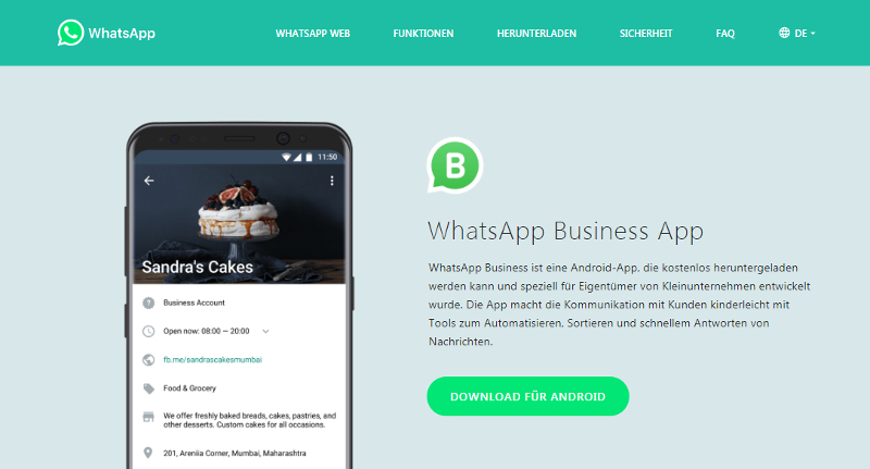 Screenshot: deutsche Website von WhatsApp Business 