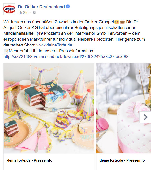 Dr. Oetker kündigt in einem Facebook-Post die Beteiligung an deineTorte.de an.