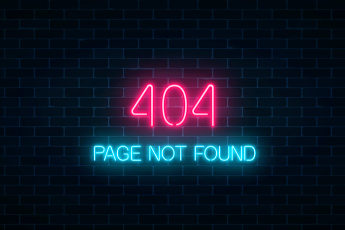 Neon Schrift 404 Page not found 
