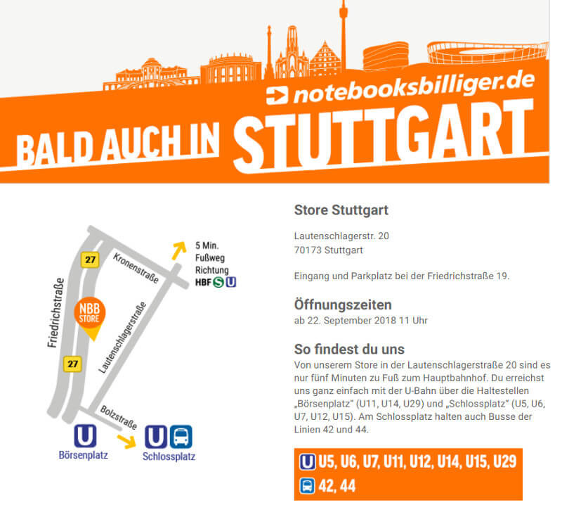 Neue Filiale in Stuttgart: Screenshot der Website Notebooksbilliger