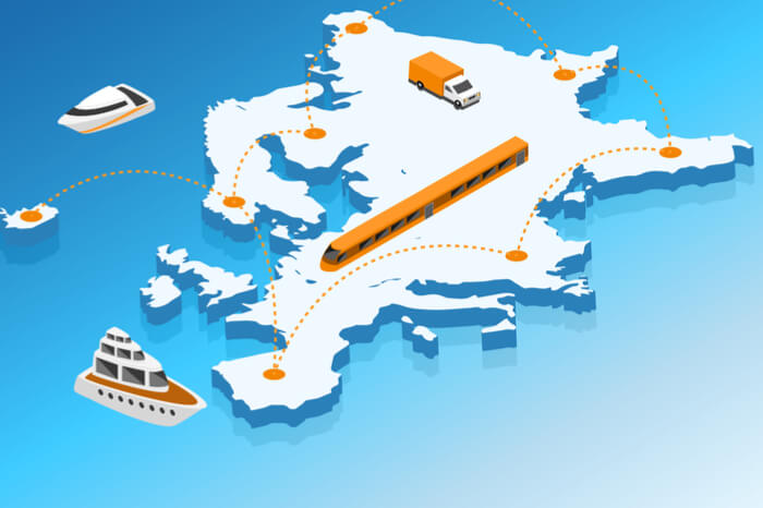 Europakarte mit Logistik-Fahrzeugen