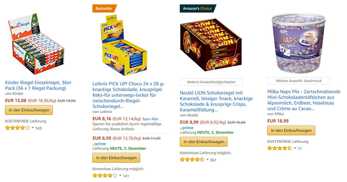 Amazon Suchergebnisse Schokolade BuyBox Screenshot