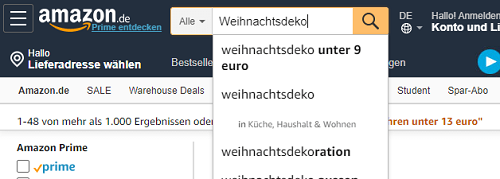 Screenshot Amazon.de, Suchbegriff „Weihnachtsdeko“ (21.10.02019)