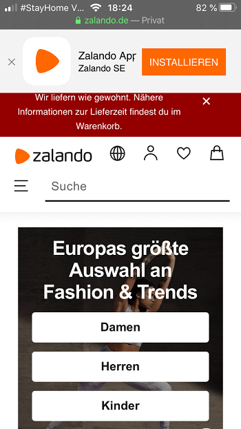 Screenshot Zalando-Startseite, mobil