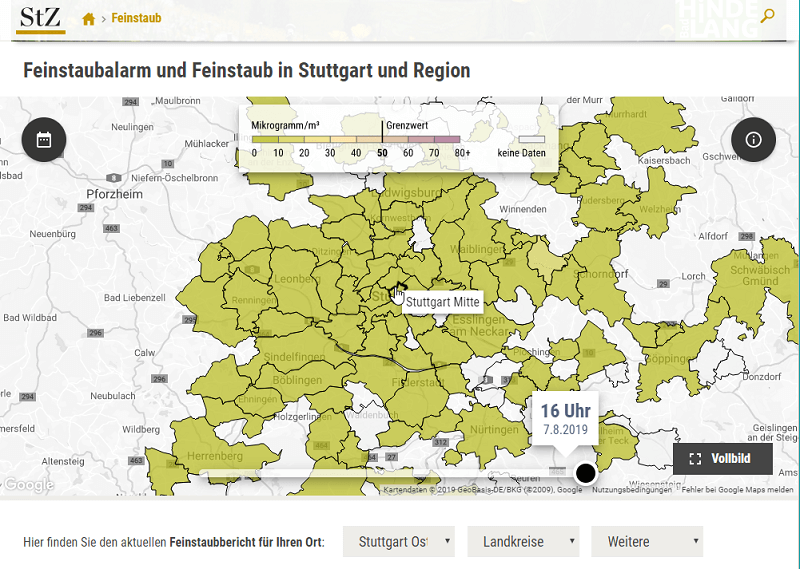 Feinstaub-Livekarte der Stuttgarter Zeitung / Screenshot Stuttgarter Zeitung 