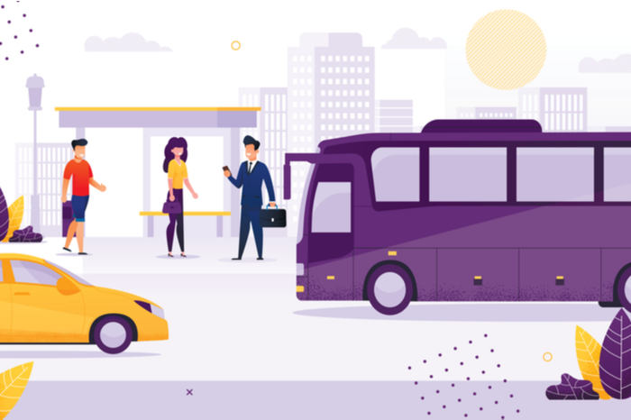 Bus, Auto und Personen an einer Bushaltestelle
