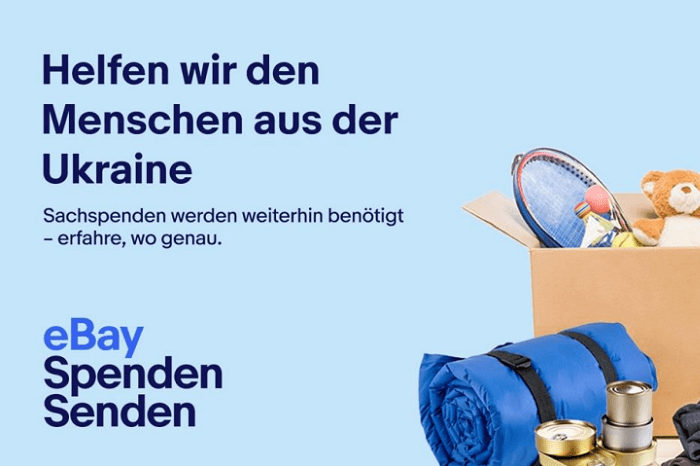 Box mit Sachspenden und Text: Ebay Spendensenden