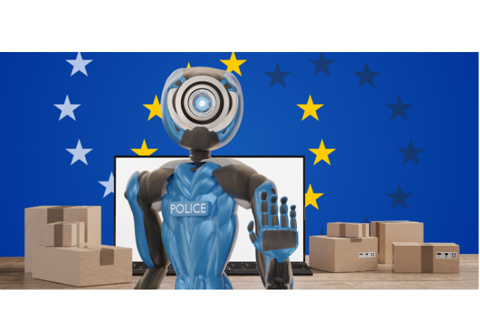 Roboter mit ausgestrecktem Arm vor EU-Flagge und Paketen