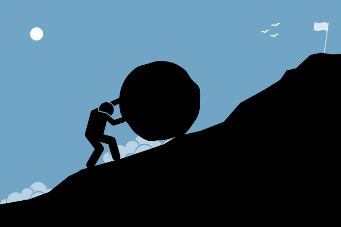 Comic: Mann versucht großen Stein den Berg hinaufzurollen