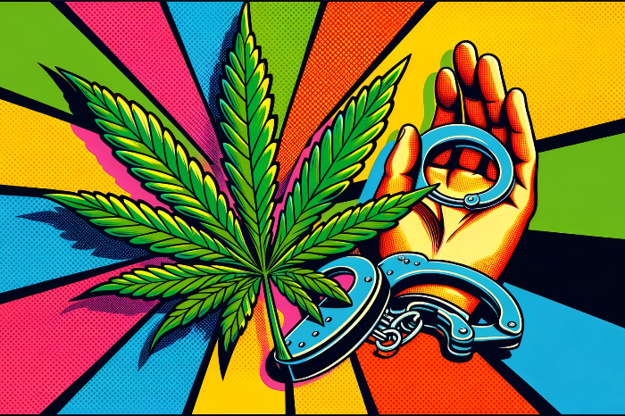 Bild im Pop-Art-Stil mit einem Cannabisblatt und Händen in Handschellen