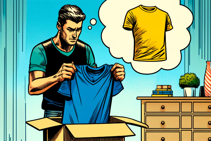 Ein Mann zieht aus einem Paket ein blaues T-Shirt. Er schaut ratlos. Über seinem Kopf ist eine Gedankenblase mit einem gelben Shirt.