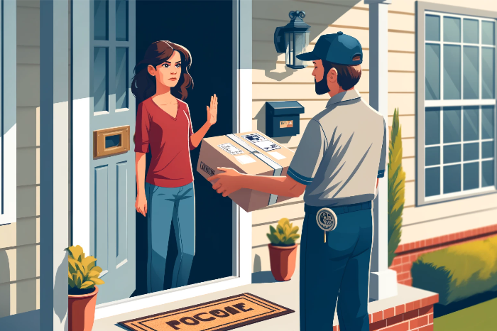 Comic-Bild: Frau steht in ihrer Haustür und weißt einen Paketboten ab, der gerade ein Paket abliefern möchte