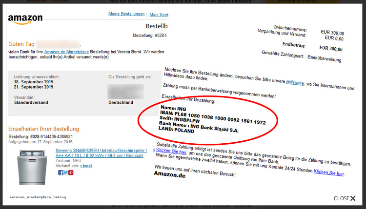 Screenshot: Amazon E-Mails werden gefälscht, Quelle: Verbraucherzentrale Nordrhein-Westfalen