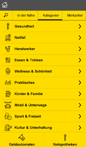 Screenshot Gelbe Seiten-App, Kategorien 