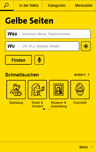 Screenshot Gelbe Seiten-App, Startseite 