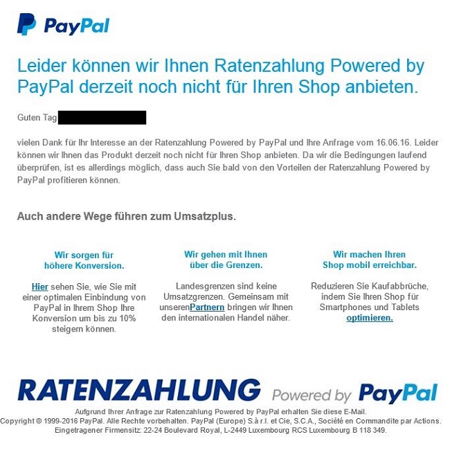 Ratenzahlung von PayPal: Bildschirm