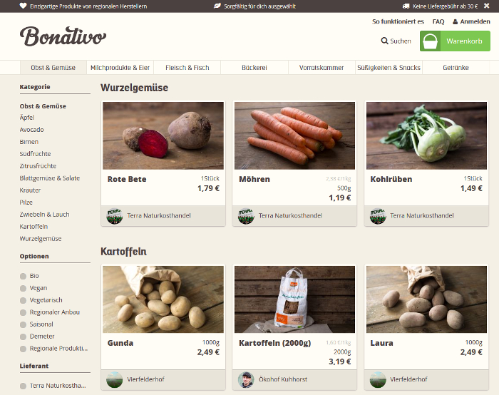 Screenshot Bonativo, Online-Wochenmarkt