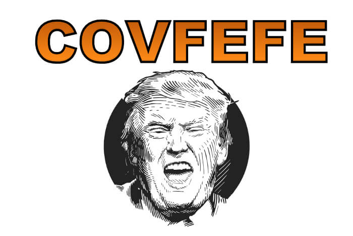 Donald Trump mit Covfefe-Schriftzug