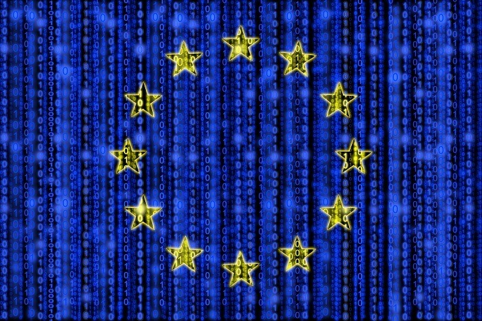 European flag texture with digital zeros and ones strains glowing in the blue background and yellow star circle
