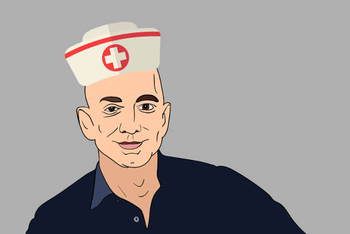 Jeff Bezos mit Mütze einer Krankenschwester auf dem Kopf