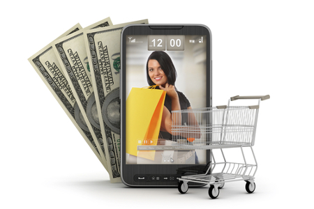 Smartphone mit Geld und Einkaufswagen