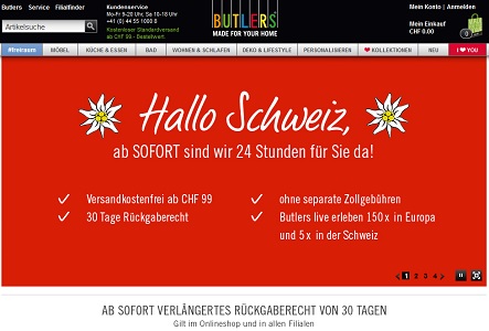 Butlers startet Online-Shop in der Schweiz.