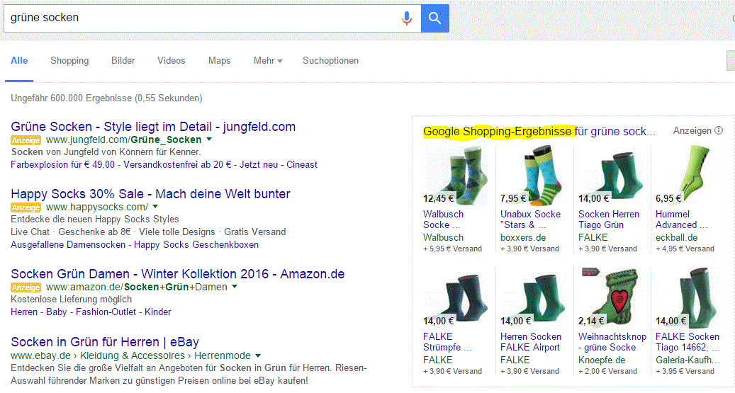 Screenshot Google Shopping auf der Google Seite