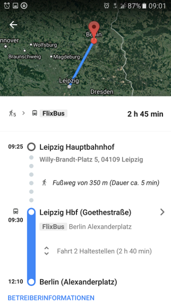 Google Maps: Flixbus-Verbindung von Leipzig nach Berlin